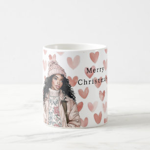 Romantische Roze Kerst Hartjes Zwarte Meisje Koffiemok