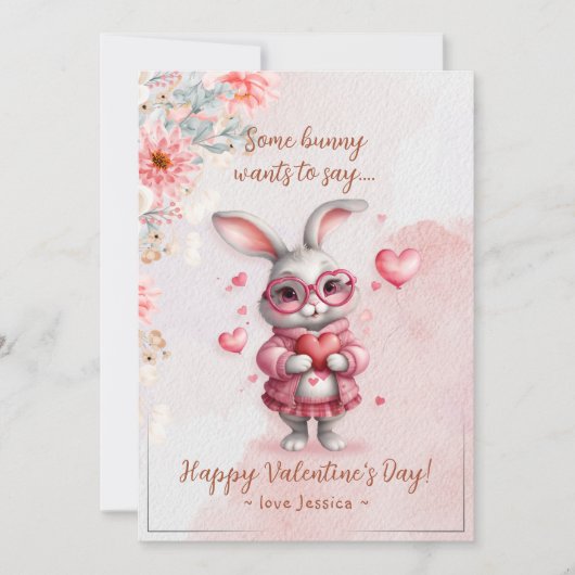 Romantische roze konijn & harten Valentijnsdag Feestdagenkaart (Voorkant)