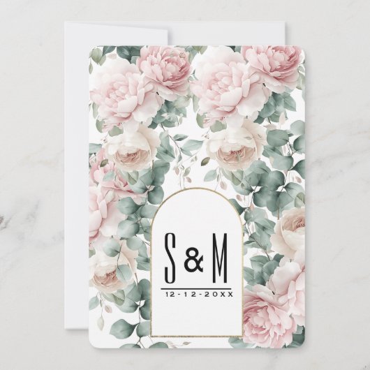 Romantische roze munt pioen eucalyptus bloemenbrui kaart (Achterkant)