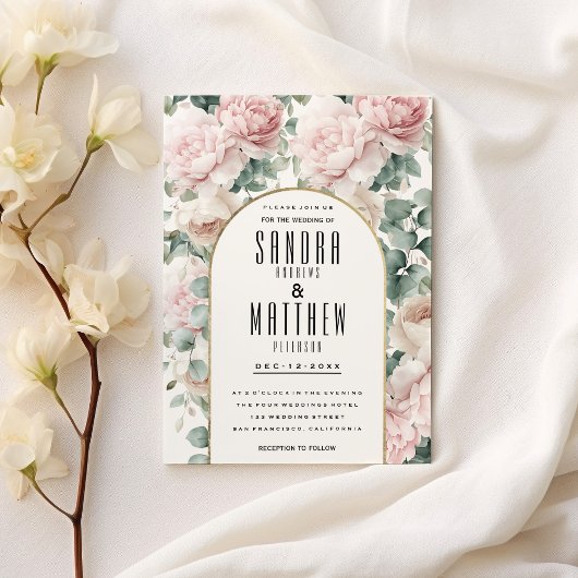 Romantische roze munt pioen eucalyptus bloemenbrui kaart