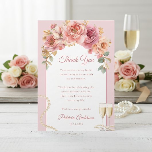 Romantische Roze Parels & Prosecco Bruidsfeest Bedankkaart