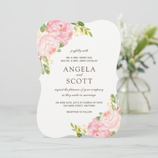 Romantische roze pioen bruiloft uitnodigingen (Staand voorkant)