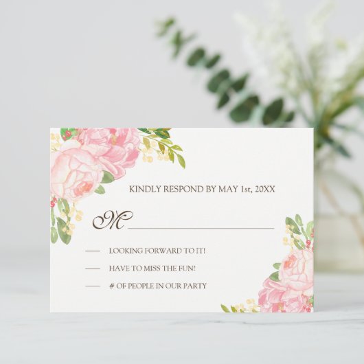 Romantische Roze Pioenen Bruiloft RSVP (Staand voorkant)