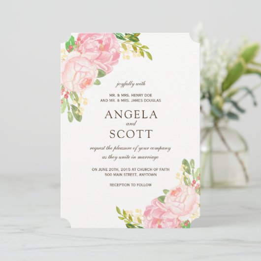 Romantische roze pioenen bruiloft uitnodigingen (Staand voorkant)