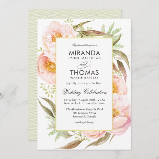 Romantische roze pioenen Waterverf bloemenbruiloft Kaart (Voorkant / Achterkant)