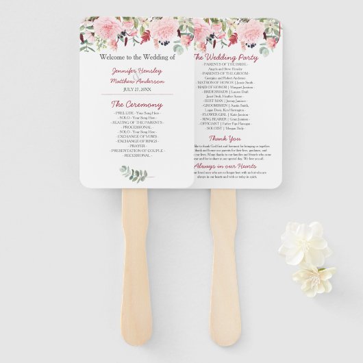 Romantische roze pioenrozen en eucalyptus bruiloft handwaaier (Voorkant en achterkant)