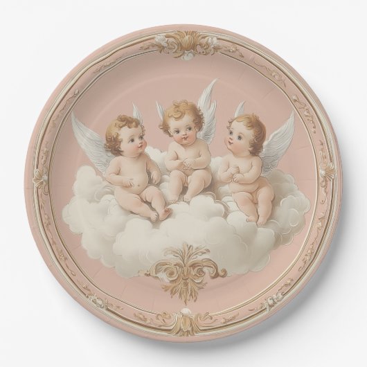 Romantische Roze Rococo Cherub Wolk Papieren Bord (Voorkant)
