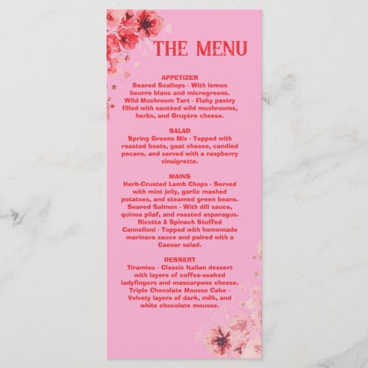 Romantische Roze Rode Bloem Menu , Trouw Menu (Voorkant)