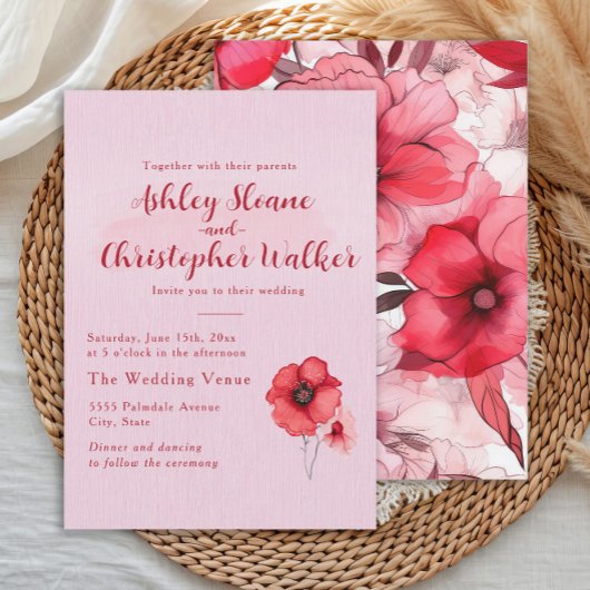 Romantische Roze Rode Bloemige Bruiloft Kaart