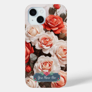 Romantische Roze Rode Rozen Bloemen op Witte Marme iPhone 15 Case