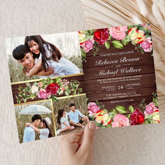Romantische Roze Rode Rozen QR Code Houten Bruilof