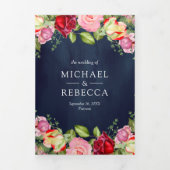 Romantische Roze Rode Rozen QR Code Marineblauwe T Drieluik Uitnodiging (Cover)