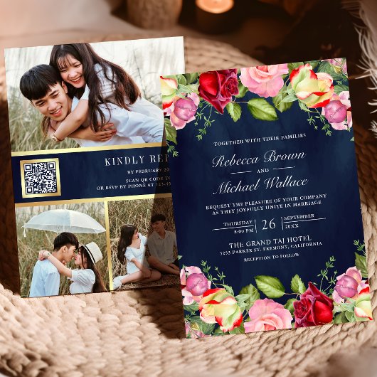 Romantische Roze Rode Rozen QR Code Marineblauwe T Kaart