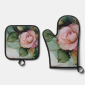 Romantische Roze Roos Bloemige Bruiloftsdouche Ovenwant & Pannenlap Set (Voorkant)