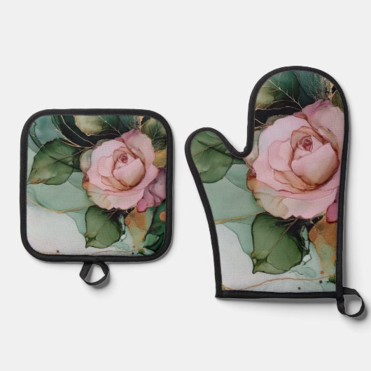 Romantische Roze Roos Bloemige Bruiloftsdouche Ovenwant & Pannenlap Set (Voorkant)