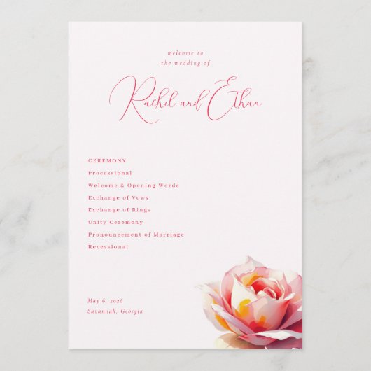 Romantische Roze Roos Bruiloft Programmakaart (Voorkant)
