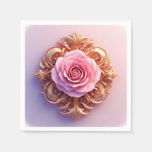 Romantische Roze Roos en Gouden Sierobject Servet (Voorkant)