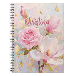 Romantische roze roos en Manoglias, schilderstijl Notitieboek
