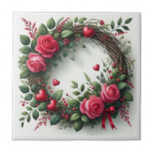 Romantische Roze Roos Krans met Rode Harten Tegeltje (Voorkant)