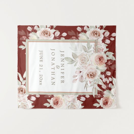 Romantische roze roos op bordeaux bruiloft wandkleed (Voorkant (horizontaal))