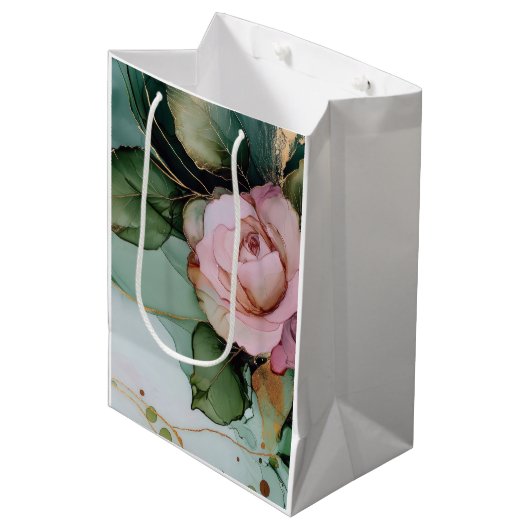 Romantische Roze Roos Witte Gouden Bloem Bruiloft Medium Cadeauzakje (Voorkant Gekanteld)
