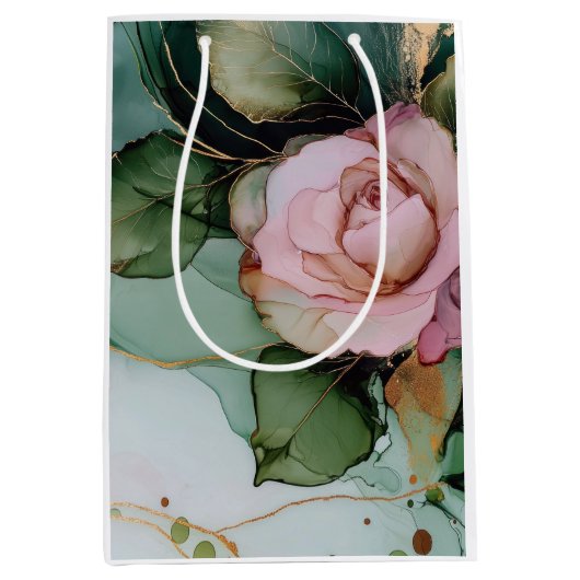 Romantische Roze Roos Witte Gouden Bloem Bruiloft Medium Cadeauzakje (Voorkant)