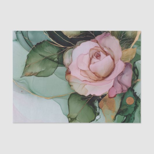 Romantische Roze Roos Witte Gouden Bloemen Bruids Tissuepapier (Voorkant)