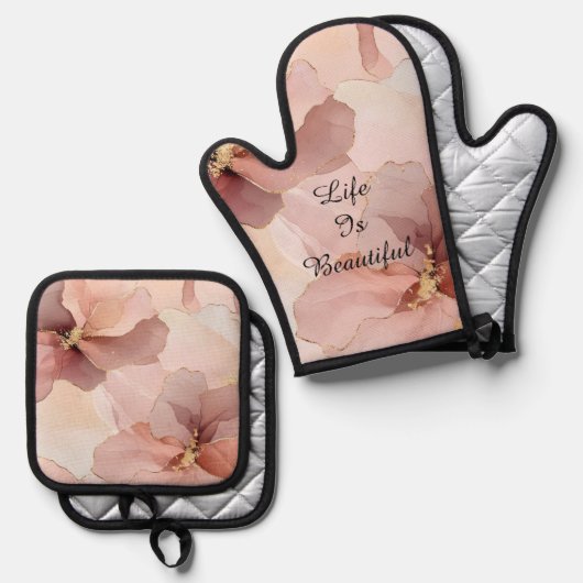 Romantische Roze Roze Gouden Bloemen Bruidsfeest Ovenwant & Pannenlap Set (Voorkant / Achterkant)