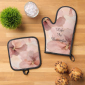 Romantische Roze Roze Gouden Bloemen Bruidsfeest Ovenwant & Pannenlap Set (Top down)