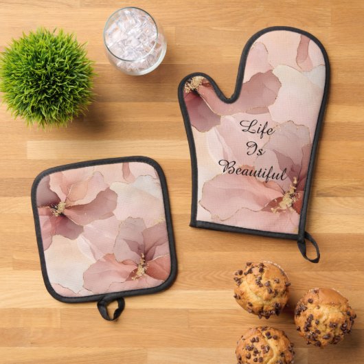 Romantische Roze Roze Gouden Bloemen Bruidsfeest Ovenwant & Pannenlap Set (Top down)