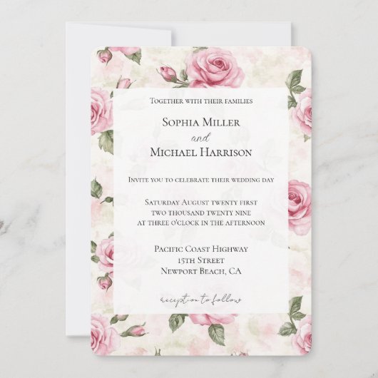 Romantische Roze Rozen Bloemen Huwelijk Kaart (Voorkant)