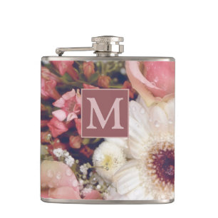 Romantische Roze Rozen Bloemenboeket Monogram Heupfles