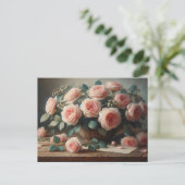 Romantische Roze Rozen Bloemenolieverfschilderij Briefkaart (Staand voorkant)