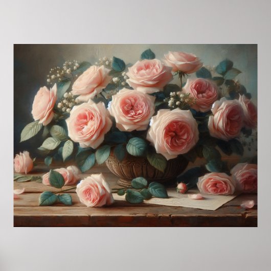 Romantische Roze Rozen Bloemenolieverfschilderij Poster (Voorkant)
