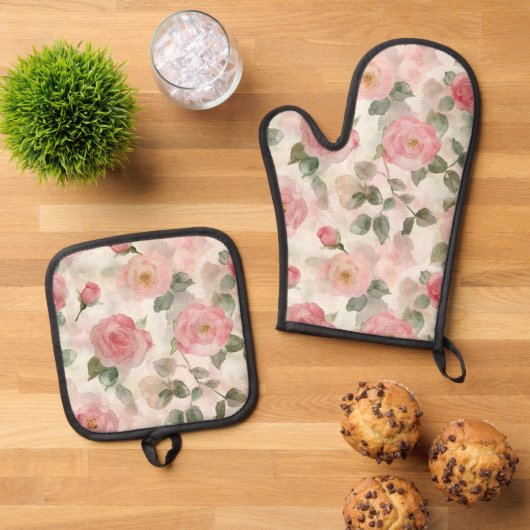Romantische Roze Rozen Bloemig  Ovenwant & Pannenlap Set (Top down)