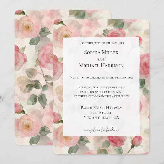 Romantische Roze Rozen Bloemige Bruiloft Kaart (Voorkant / Achterkant)