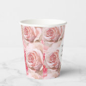 Romantische Roze Rozen Bloemige Bruiloft Papieren Bekers (Rechts)