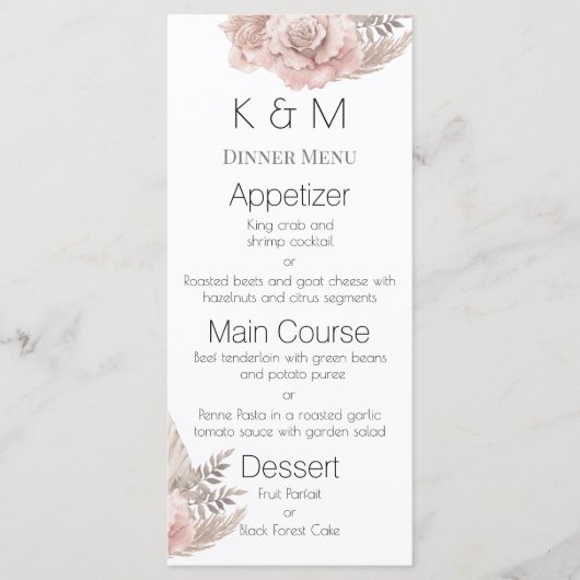 Romantische Roze Rozen Boho Bruiloft Menu (Voorkant)