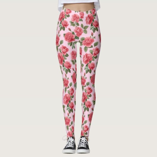Romantische Roze Rozen Botanisch Patroon Leggings (Voorkant)
