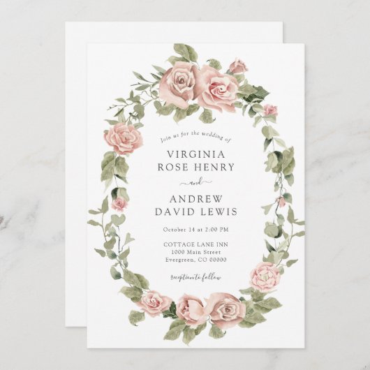 Romantische roze rozen bruiloft kaart (Voorkant / Achterkant)