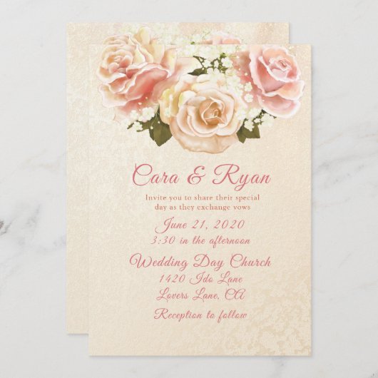 Romantische Roze Rozen Elegant Bruiloft Kaart (Voorkant / Achterkant)