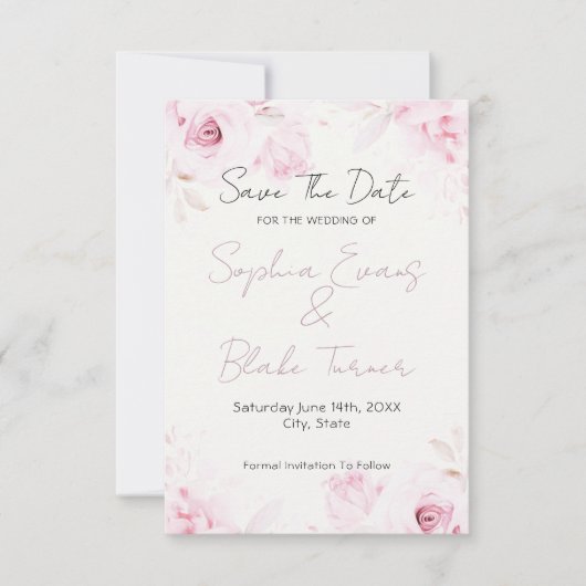 Romantische Roze Rozen Elegant en Mooie Save The Date (Voorkant)