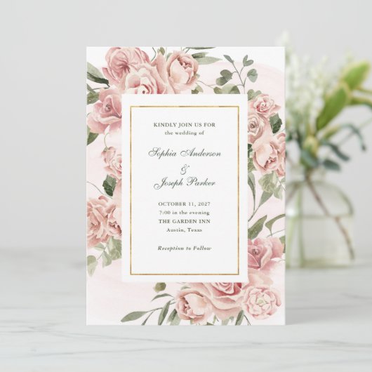 Romantische roze rozen en goud | Bruiloft Kaart (Staand voorkant)