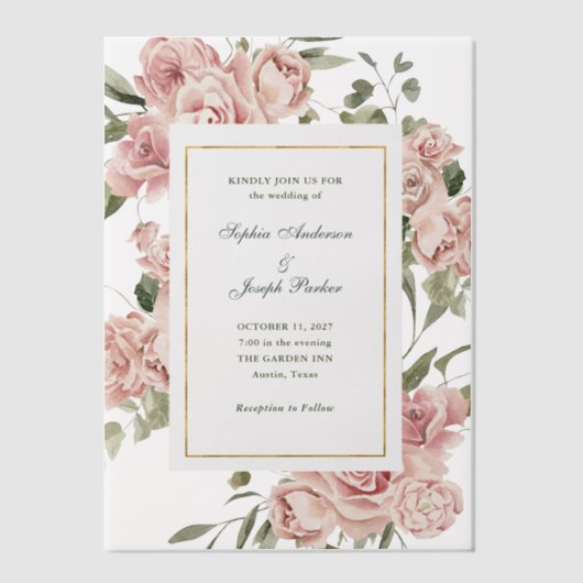 Romantische roze rozen en goud | Bruiloft Vellum Uitnodigingen