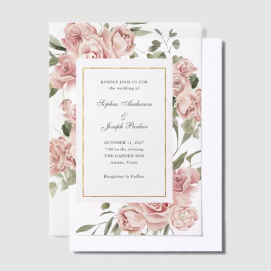 Romantische roze rozen en goud | Bruiloft Vellum Uitnodigingen (Offset)