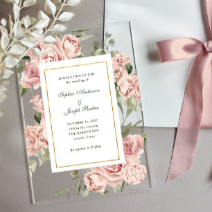 Romantische roze rozen en goud Trouwen Acryl Uitnodigingen