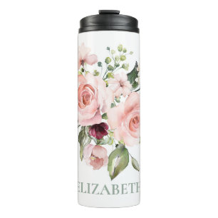 Romantische Roze Rozen Floral gepersonaliseerd Thermosbeker