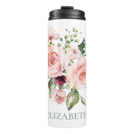 Romantische Roze Rozen Floral gepersonaliseerd Thermosbeker (Voorkant)