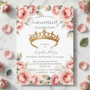 Romantische Roze Rozen Gouden Tiara Quinceanera Kaart