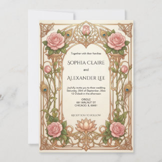Romantische Roze Rozen Groene Art Nouveau Trouwen Kaart